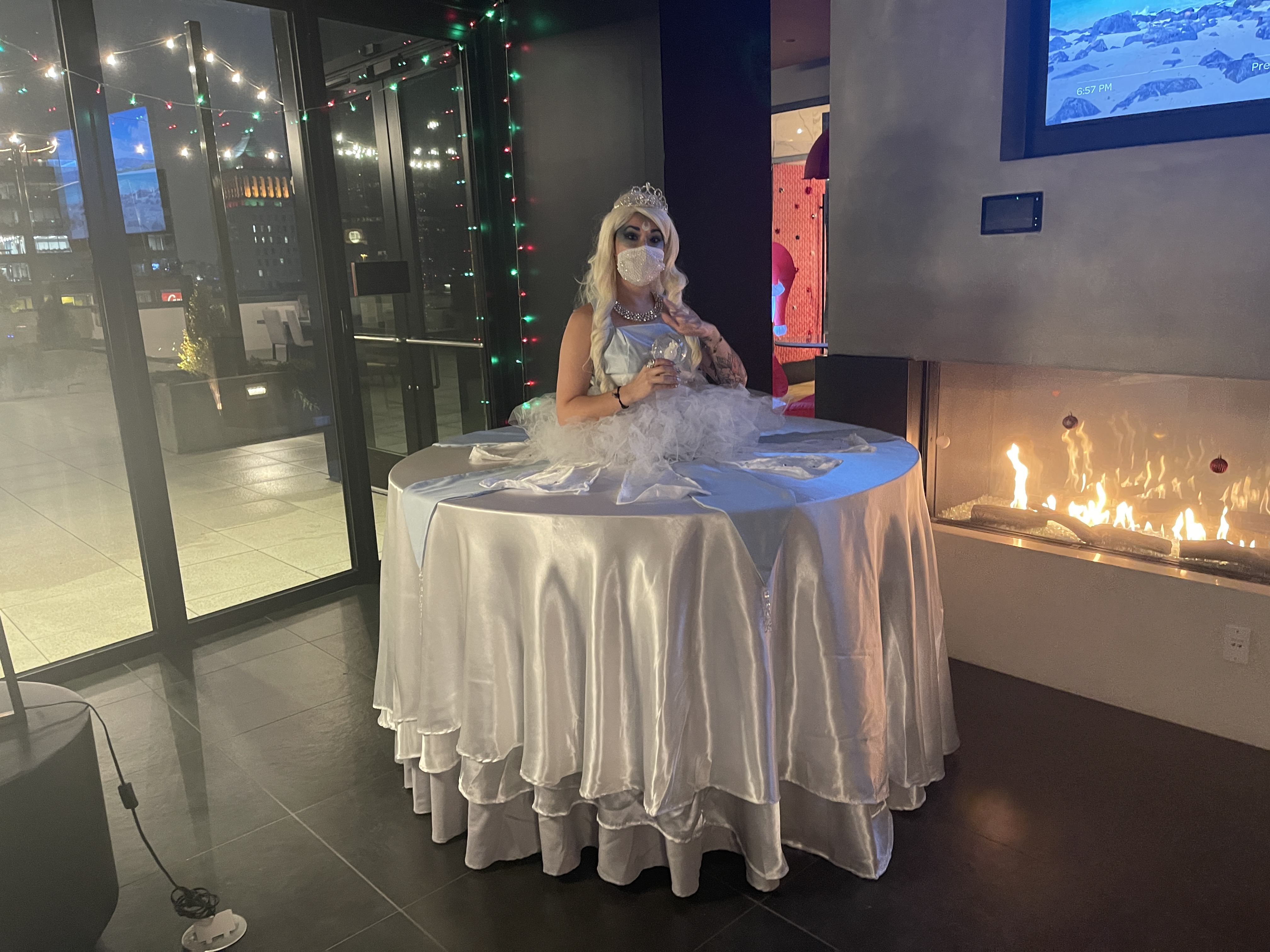 Snow queen strolling table winter themed event entertainment