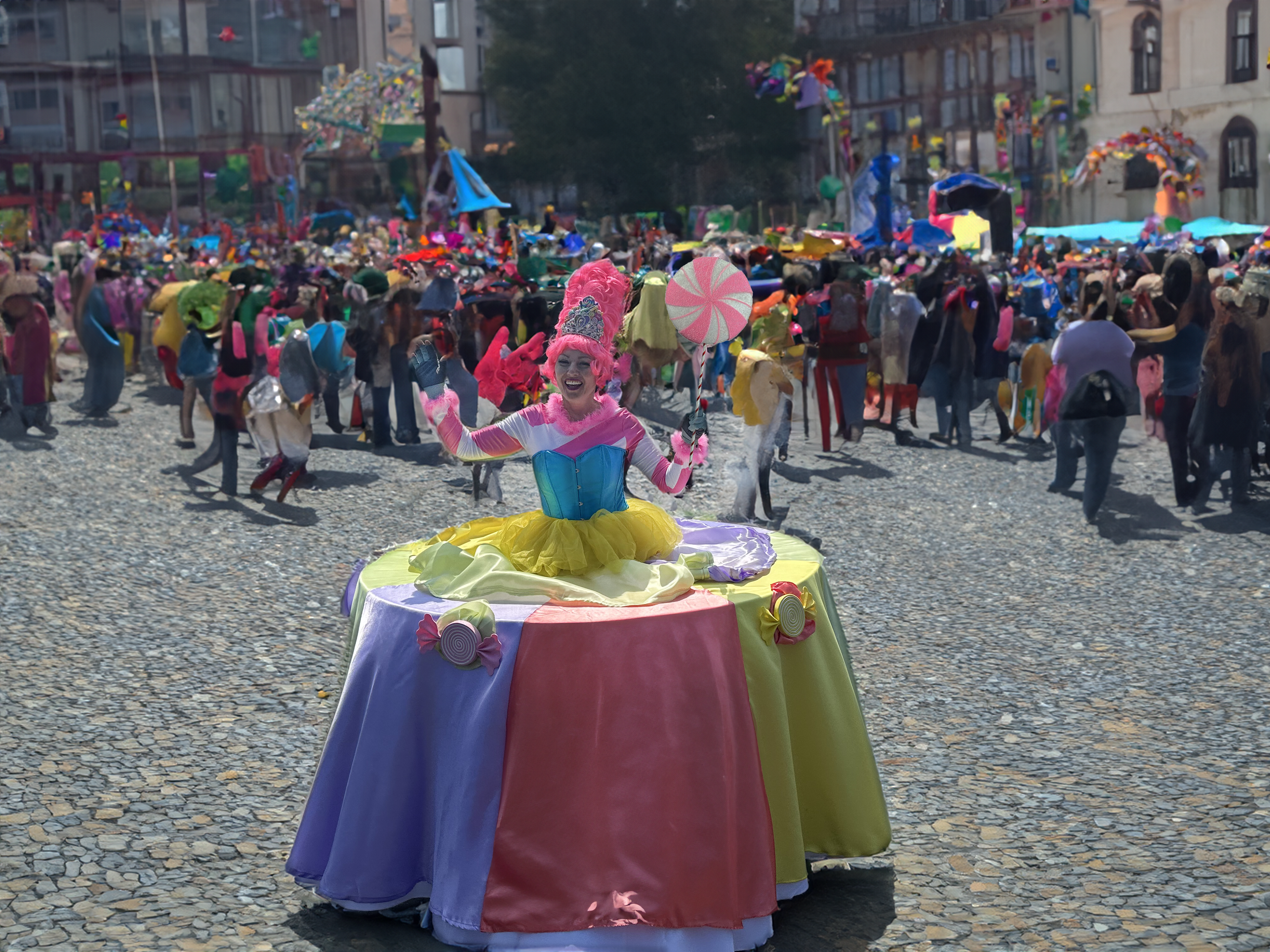 Candyland Themed Table moves around event with giveaways entertaining patrons in St. Louis Missouri.