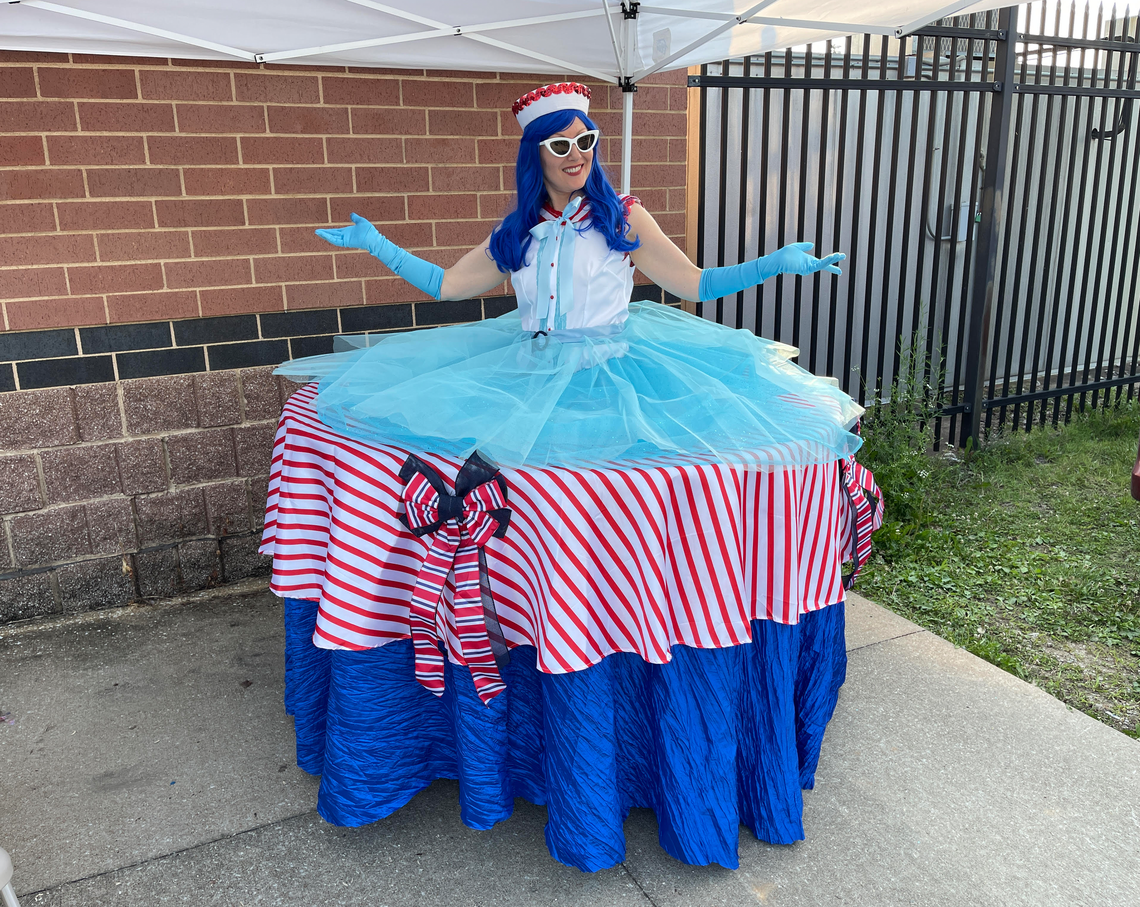 Red, white and blue roaming entertainer on wheels for parties and events